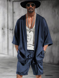 Casual Open Front Kimono Shorts Set Sets coofandy Blue M