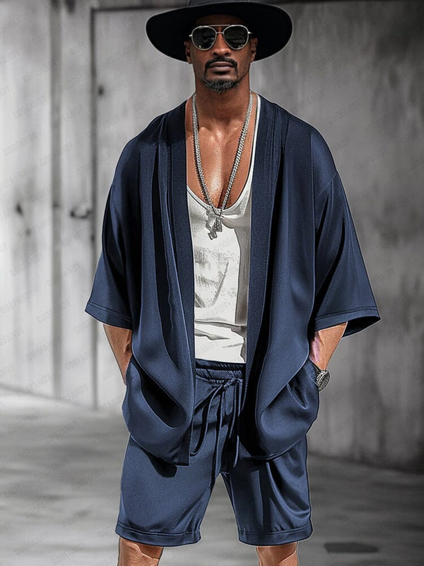 Casual Open Front Kimono Shorts Set Sets coofandy Blue M