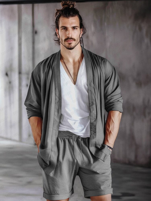 Chic Kimono Shorts Set Sets coofandy Grey M