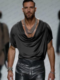 Cozy Satin Draped Neck Top T-Shirt coofandy Black M