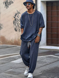 Leisure Relaxed Fit Cotton Set Sets coofandy Navy Blue M
