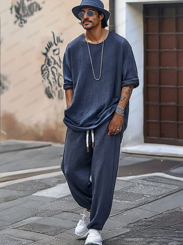 Leisure Relaxed Fit Cotton Set Sets coofandy Navy Blue M