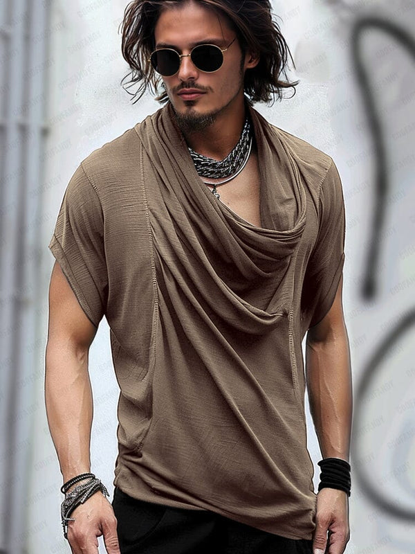 Casual Chic Drape Neck Top T-shirt coofandy Khaki M