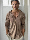 Comfy Hooded V-Neck Top T-shirt coofandy Khaki M