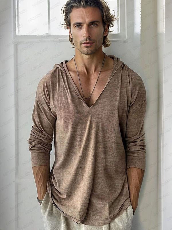 Comfy Hooded V-Neck Top T-shirt coofandy Khaki M