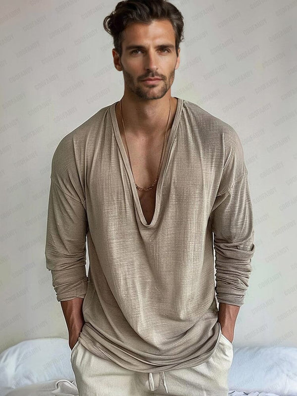 Minimalist Plain V-Neck Top T-shirt coofandy Khaki M