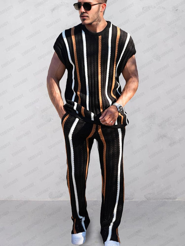 Trendy Stripes Openwork Knit Set Sets coofandy Black M
