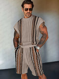 Trendy Stripe Color Block Knit Set Sets coofandy Khaki M