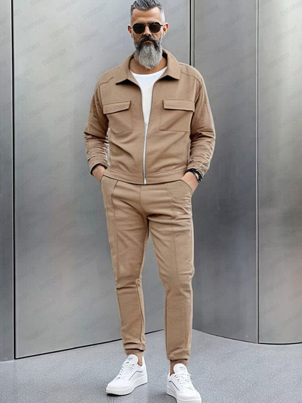 Cargo Style Suede Jacket Set Sets coofandy Khaki M