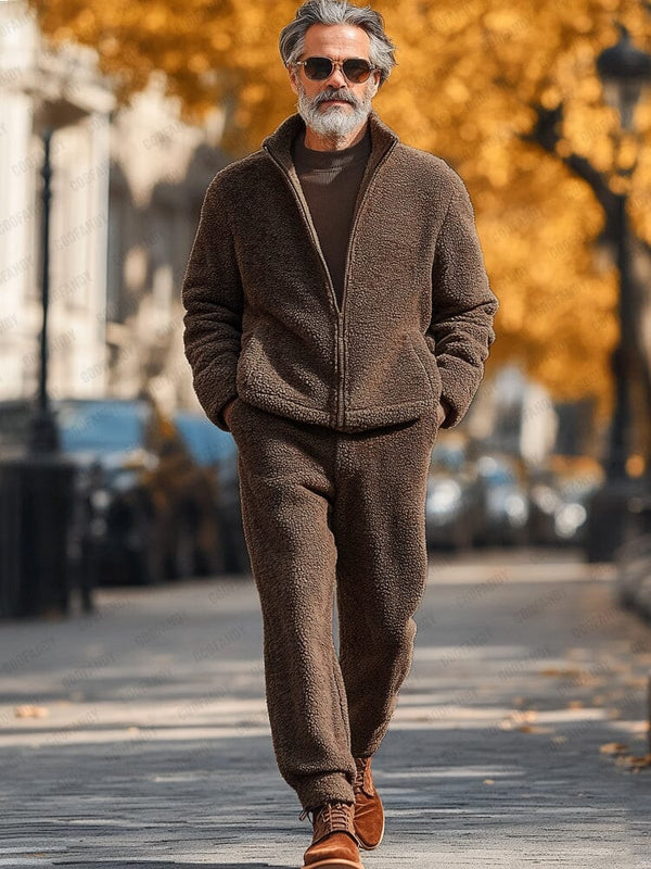 Soft Polar Fleece Jacket Pants Set Sets coofandy Brown M