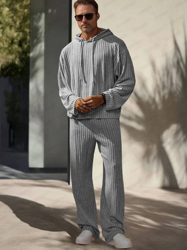Leisure Pit-stripe Knit Hoodie Set Sets coofandy Gray M