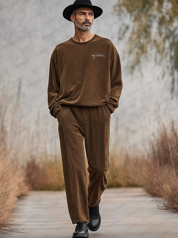 Simple Corduroy 2-Piece Outfits Sets coofandy Brown M