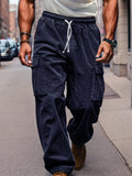 Corduroy Straight Leg Cargo Pants Pants coofandy Navy Blue S