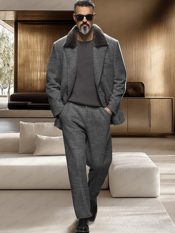 Luxe Faux Fur Collar Suit Jacket Set Sets coofandy Grey M