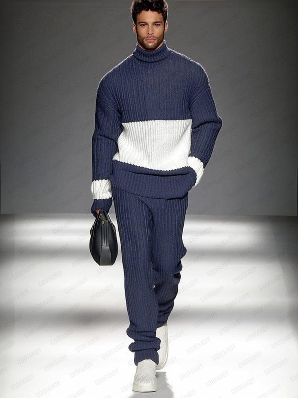 Smart Casual Color-Block Knit Set Sets coofandy Blue M
