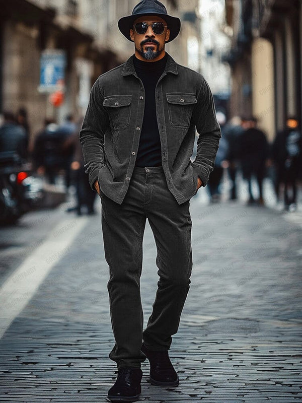 Leisure Corduroy Jacket Pants Set Sets coofandy Dark Grey M