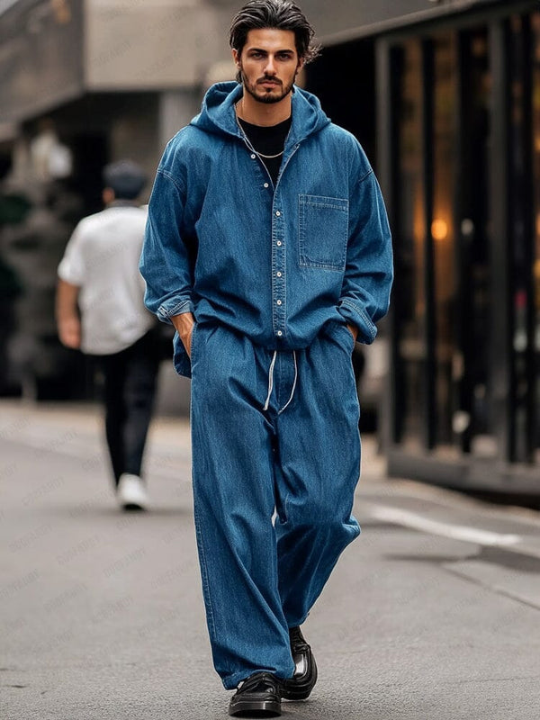 Trendy Streetwear Two-Piece Denim Outfit Sets coofandy Blue M