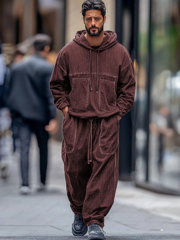 Athleisure Streetwear Denim 2-Piece Matching Set Sets coofandy Wine Red M