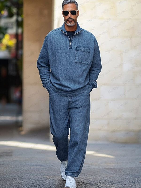 Athleisure 100% Cotton Denim Matching Set Sets coofandy Blue M