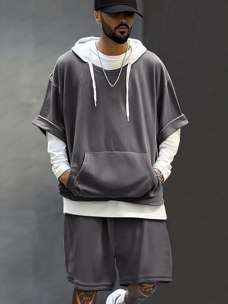 Simple Solid Color Hoodie Sweater Shorts Set main image 1