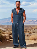 Casual 100% Cotton Sleeveless Hooded Jumpsuit Sets coofandy Navy Blue M