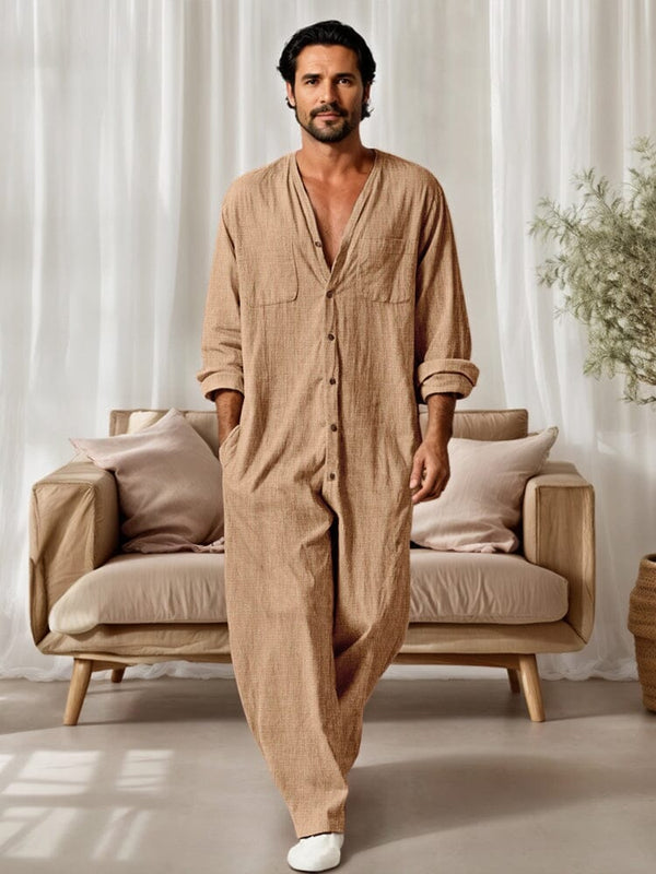 Casual Relaxed Fit 100% Cotton Jumpsuit Jumpsuit coofandy Khaki M