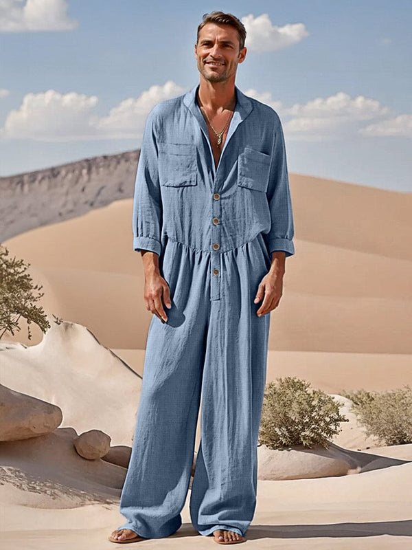 Leisure Loose Fit 100% Cotton Jumpsuit Jumpsuit coofandy Blue M