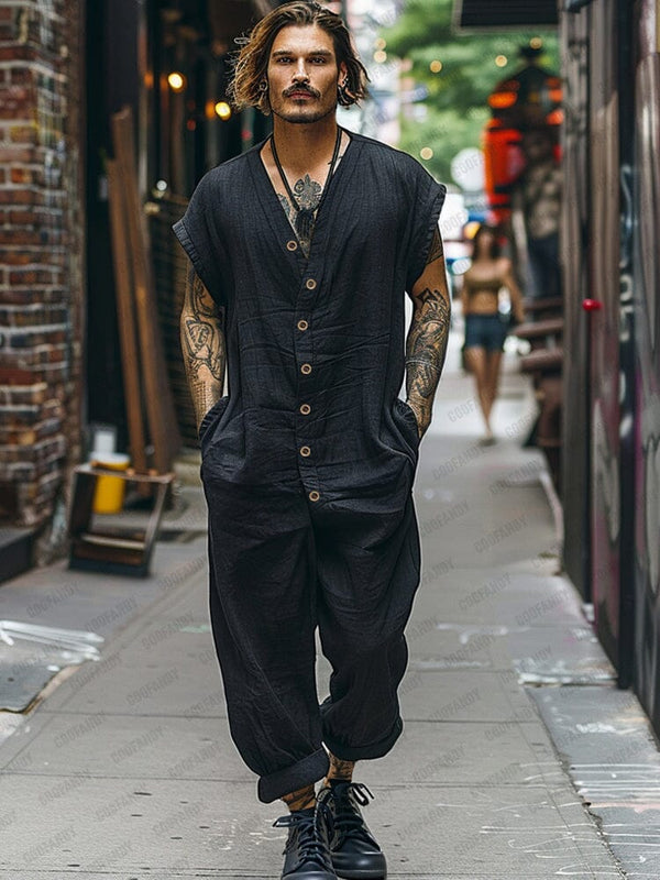 City Vibes Button Down Jumpsuit Jumpsuit coofandy Black M