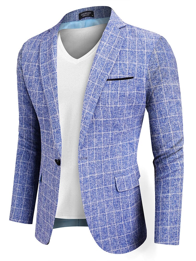 Slim Fit One Button Blazer Jacket (US Only) Blazer coofandy Sky Blue Plaid S 