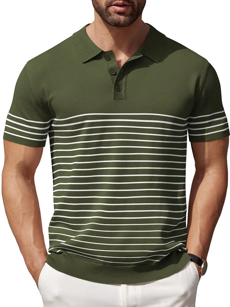 Casual Stripe Knit Polo Shirt (US Only) Shirts & Polos coofandy Army Green S 