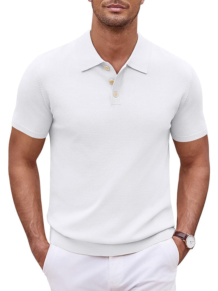 Classic Solid Color Knit Polo Shirt Polos coofandy White S 