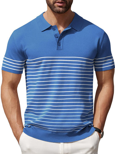 Casual Stripe Knit Polo Shirt (US Only) Shirts & Polos coofandy Blue S 