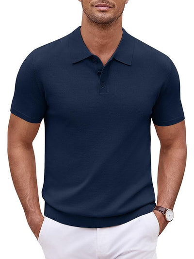 Classic Solid Color Knit Polo Shirt Polos coofandy Navy Blue S 