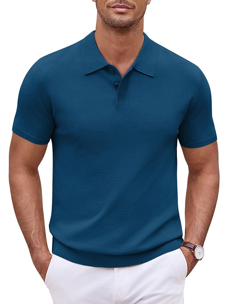 Classic Solid Color Knit Polo Shirt Polos coofandy Denim Blue S 