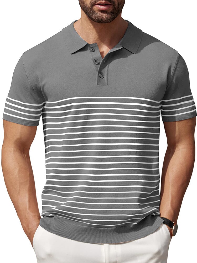 Casual Stripe Knit Polo Shirt (US Only) Shirts & Polos coofandy Grey S 