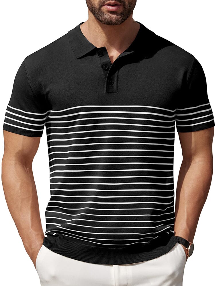 Casual Stripe Knit Polo Shirt (US Only) Shirts & Polos coofandy Black S 