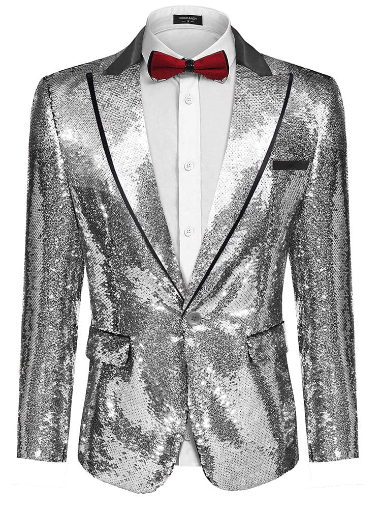 Men's Shiny Sequins Suit Jacket (US Only) Blazer coofandy Silver XS 