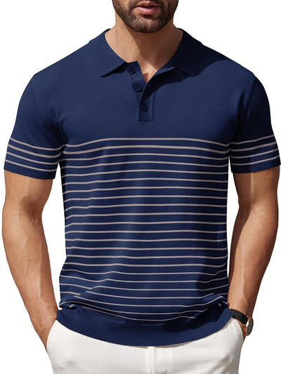 Casual Stripe Knit Polo Shirt (US Only) Shirts & Polos coofandy Navy Blue S 
