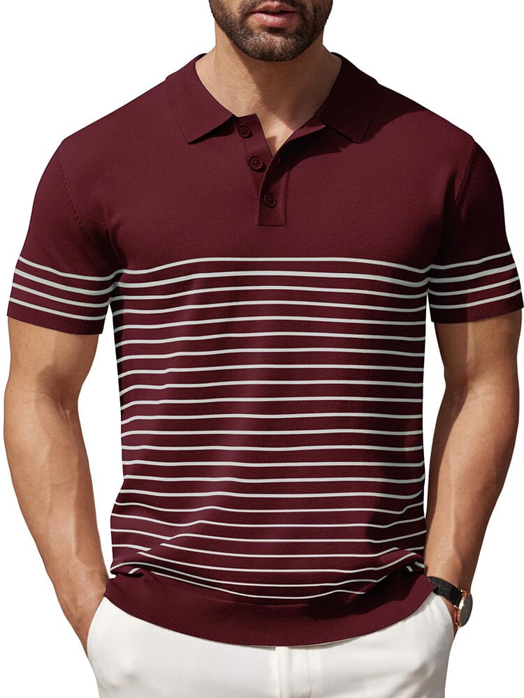 Casual Stripe Knit Polo Shirt (US Only) Shirts & Polos coofandy Red S 