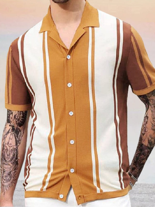 Breathable Stripe Knit Button Top Tops coofandy Brown M