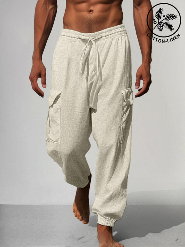 Multi Pockets Cotton Linen Pants Pants coofandy Apricot M