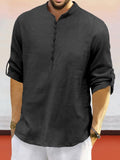 Leisure Half Placket Cotton Linen Shirt Shirts coofandy Black S
