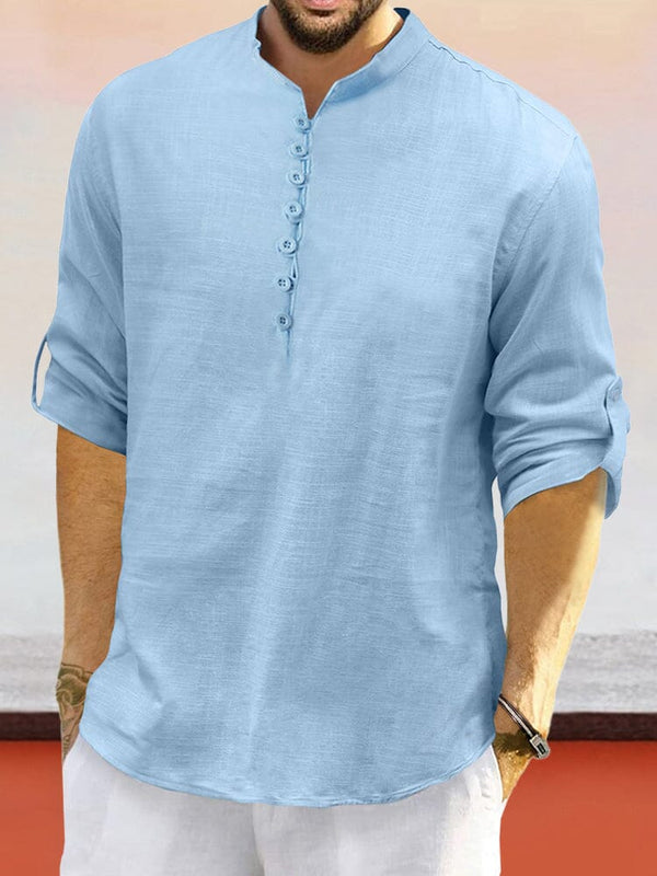 Leisure Half Placket Cotton Linen Shirt Shirts coofandy Clear Blue S