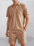 Casual Striped Textured Polo Shirt Set Sets coofandy Khaki S