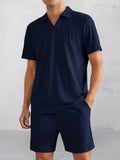 Casual Striped Textured Polo Shirt Set Sets coofandy Navy Blue S