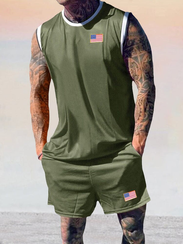 Athleisure Breathable Tank Top Shorts Set Sets coofandy Army Green M