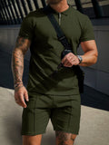 Leisure Waffle Polo Shirt Set Sports Set coofandy Army Green M