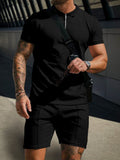 Leisure Waffle Polo Shirt Set Sports Set coofandy Black M