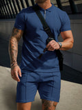Leisure Waffle Polo Shirt Set Sports Set coofandy Navy M