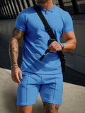 Leisure Waffle Polo Shirt Set Sports Set coofandy Clear Blue M